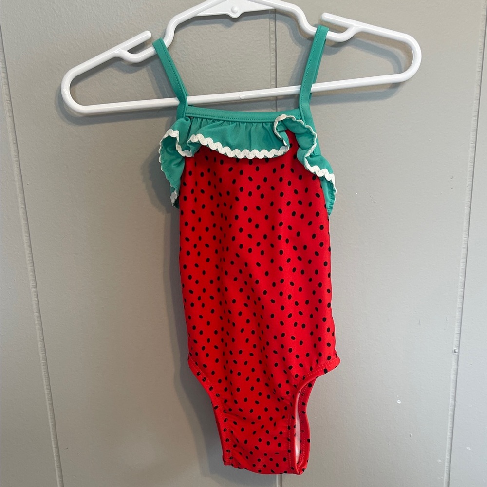 Cat & Jack Red Watermelon Polka Dot Swimsuit with Green Straps